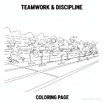 Black and white line art of a team of five kids running hurdle drills on a practice track.