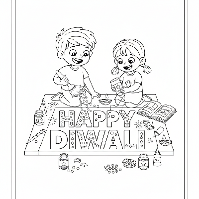 Children enthusiastically creating a 'Happy Diwali' banner with outlines of glitter and decorative elements, joyful, line art