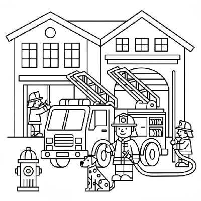 Black and white line art of fire station equipment including a fire truck, firefighter, and hydrant, all composed of circles, squares, and triangles for shape learning.