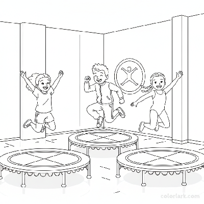 Black and white line art of kids enjoying fitness jumps in a bright studio with multiple trampolines.