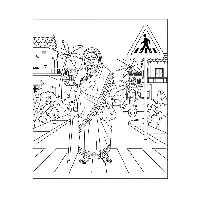 Black and white line art of an elderly Indian woman using a pedestrian crossing with an Indian pedestrian crossing warning sign.