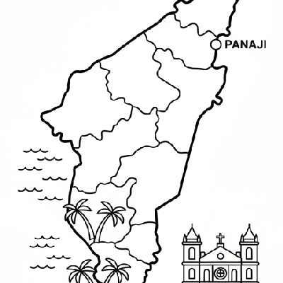 Line art coloring map of Goa state, showing its coastline with beaches, a church, and the capital Panaji.