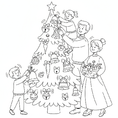 Line art of a family hanging ornaments shaped like traditional Christmas bells on a festive tree.