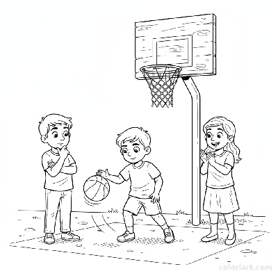 Line art of Indian children learning basic basketball skills on a street, with friends observing.