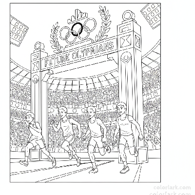 Line art of future Olympians sprinting to an Olympic-themed finish line with a global cheering crowd