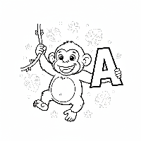 Black and white line art of a playful ape swinging and holding the letter A.