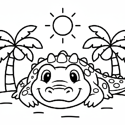 Black and white line art of a smiling crocodile lounging, ideal for easy coloring by toddlers.