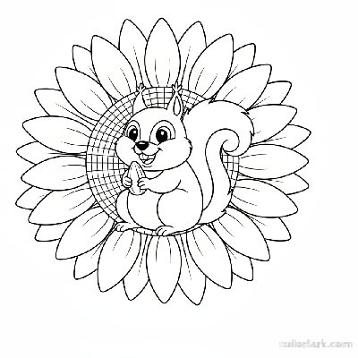 Black and white line art of a cartoon squirrel eating seeds from a sunflower
