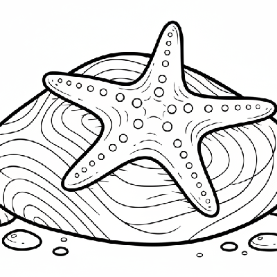 Black and white line art of a graceful five-armed starfish gliding across a smooth underwater rock.