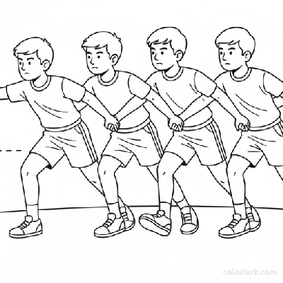 Line art of an Indian kids' kabaddi defense chain responding to an approaching raider, shifting as a unit while maintaining their hand-hold.