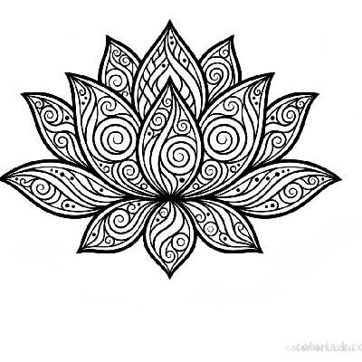 Black and white Zentangle art of a lotus flower made of swirling lines and organic patterns.