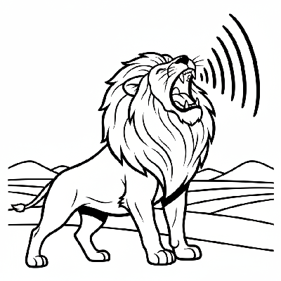 Black and white line art of an adult male lion in mid-roar, echoing through the plains.