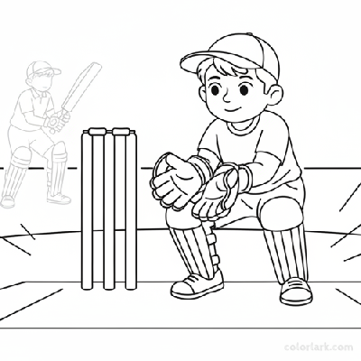 Line art coloring page featuring an Indian boy wicketkeeper crouched behind cricket stumps.
