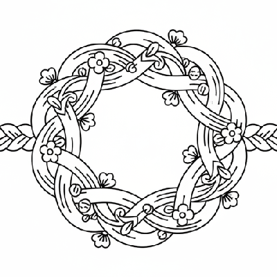 Black and white line art of a floral braid pattern Rakhi with delicate vines and flowers, resembling an elegant weave for coloring.