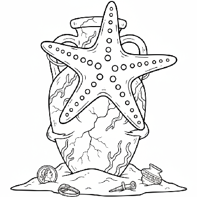 Black and white line art of a starfish climbing the textured surface of an ancient Roman amphora partially buried in sand.