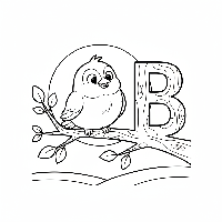 Black and white line art of a small bird perched on a branch next to the letter B.