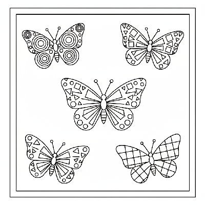 Black and white line art of a butterfly specimen exhibit, showing butterflies with bodies and wings patterned with circles, squares, and triangles for coloring.