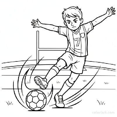Line art of a young football enthusiast making a mighty strike.