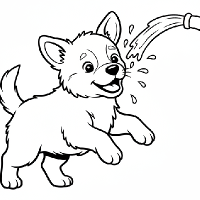 Black and white line art of a happy puppy gleefully playing with a stream of water from a garden hose, for Indian toddlers.