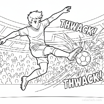 Line art of a young athlete making a thunderous football shot.