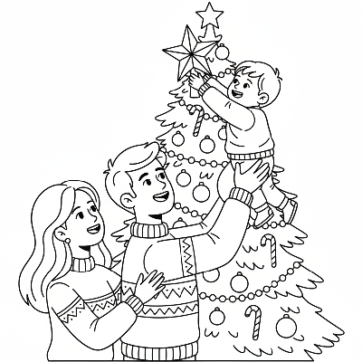 Line art of a young family placing a star topper on their first Christmas tree.