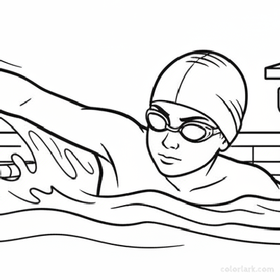 Black and white line art of a young swimmer mastering freestyle technique in a pool, wearing a swim cap and goggles.