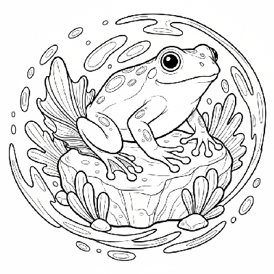 Black and white line art of a fantastical sea frog with gilled legs on a coral-like rock.