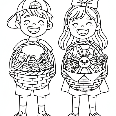 Black and white line art of two children proudly holding up their overflowing Easter baskets with smiles.