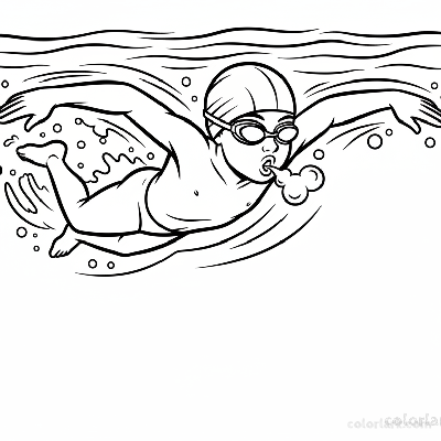 Black and white line art of a dynamic child swimming freestyle with bubbles in a pool, wearing a swim cap and goggles.