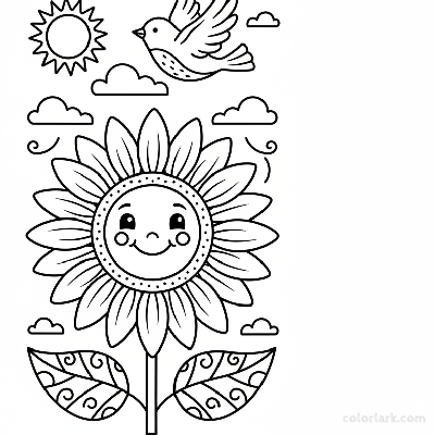 Black and white line art of a happy sunflower looking at a bird flying above it