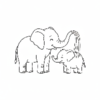 Mother elephant spraying baby elephant with trunk, free coloring page.