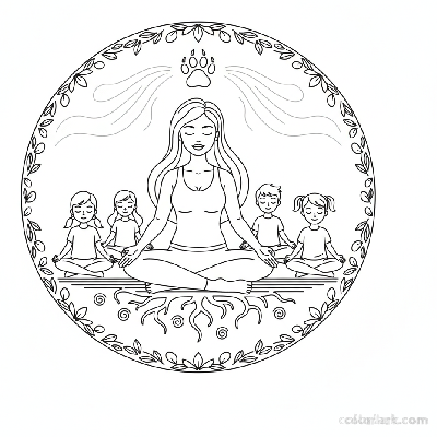 Line art of children practicing Bear Breath for grounding with a yoga teacher.