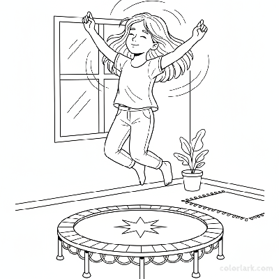 Black and white line art of a girl performing light and airy jumps on a fitness trampoline in a kids fitness center.