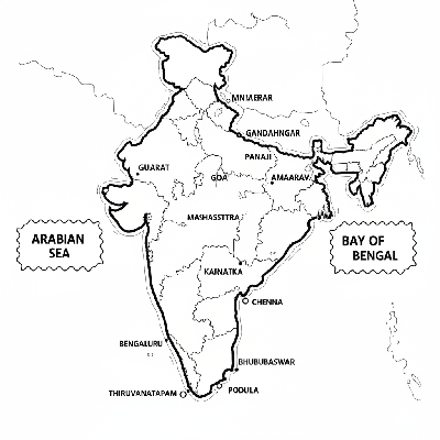 Line art coloring map of all coastal states of India, highlighting their extensive shorelines along the Arabian Sea and Bay of Bengal.