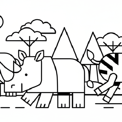 Black and white line art of safari animals like a lion, rhino, and zebra in the savannah, all composed of circles, squares, and triangles for shape recognition.