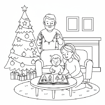 Line art of a family looking at a photo album of past Christmas trees while decorating the current one.