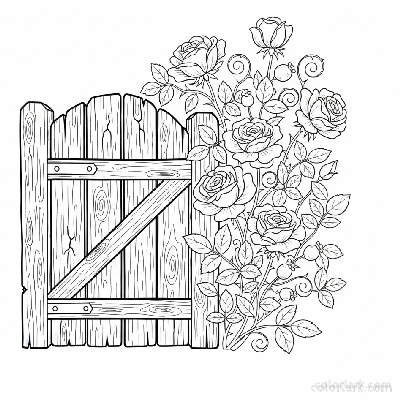 Black and white line art of wild roses blooming next to an old, rustic wooden garden gate