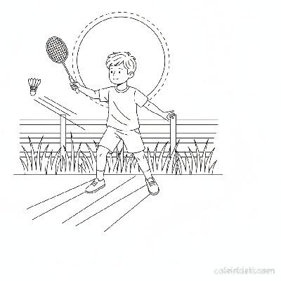 Line art of a boy ready to hit a badminton shot with sun behind him.
