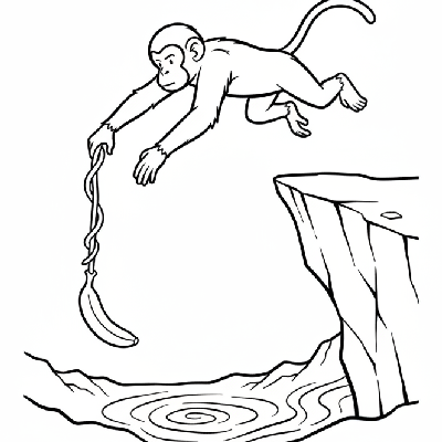 Black and white line art of a monkey making a daring leap from a cliff edge, reaching for a banana dangling below.