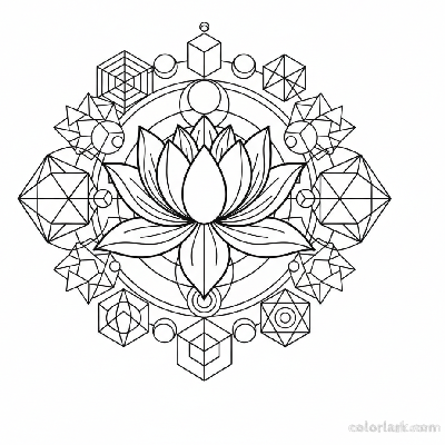 Black and white line art of stylized lotus petals intersecting geometric forms.