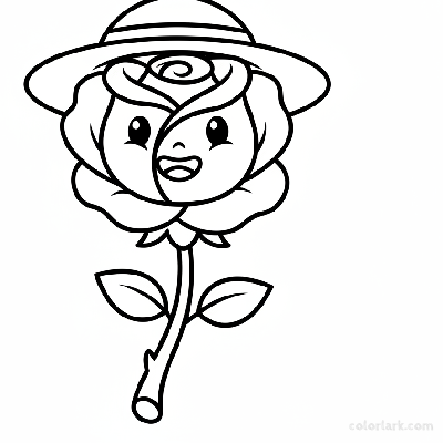 Beginner rose with a simple hat coloring page for kids, black and white line art, easy whimsical flower.