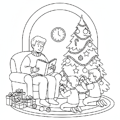 Line art of parents reading a Christmas story while kids decorate the lower half of the Christmas tree.