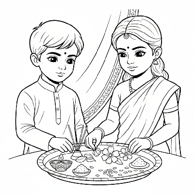 Youngsters carefully preparing a small traditional puja thali with various items for Diwali rituals, black-and-white line art