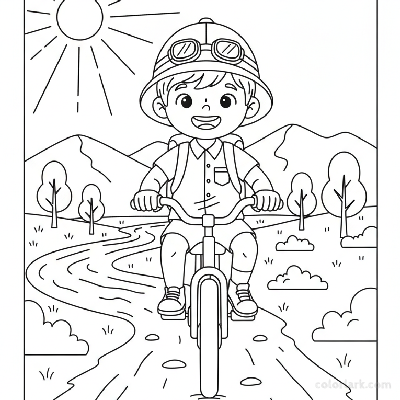 Black and white line art coloring page of a child with a helmet, riding a bicycle on a sunny river valley trail.