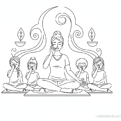 Line art of children learning Alternate Nostril Breathing with a yoga instructor.