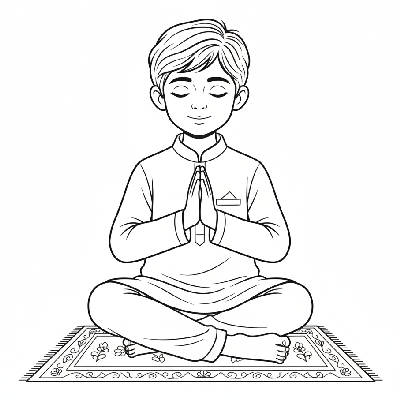 Young boy sitting peacefully, hands in prayer, reciting a Diwali prayer or mantra, black-and-white line art