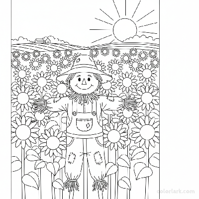 Black and white line art of a sunflower field with a scarecrow standing in it