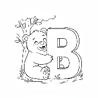 Black and white line art of a happy bear hugging the letter B.