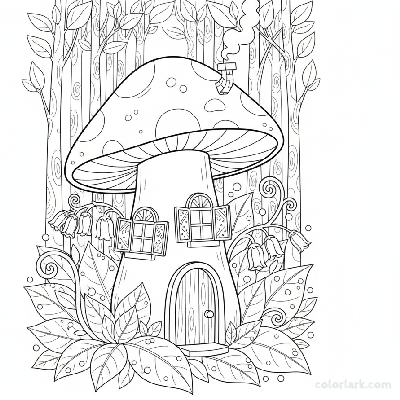 Black and white line art of a whimsical mushroom house with a door and windows in an enchanted forest, for coloring.