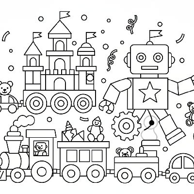Black and white line art of a toy parade with floats and toys constructed from circles, squares, and triangles, designed for shape recognition coloring.